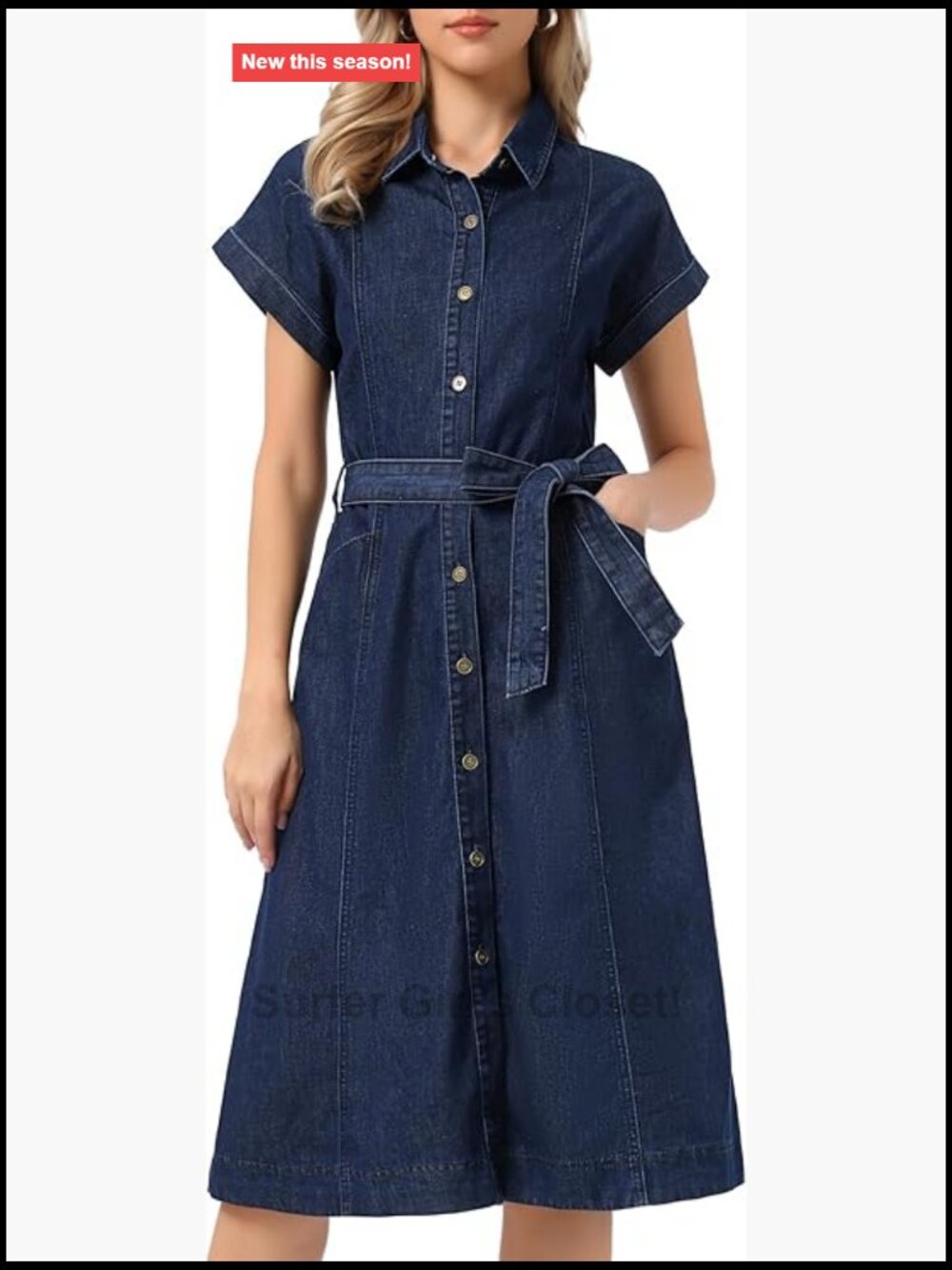 Denim Midi Dress Casual Button Down Short Sleeves Belted A-Line Summer Work